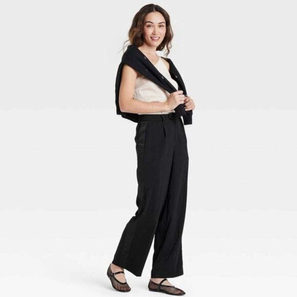 A New Day‎ Women's High Rise Satin Side Striped Straight Trousers Black Size 8